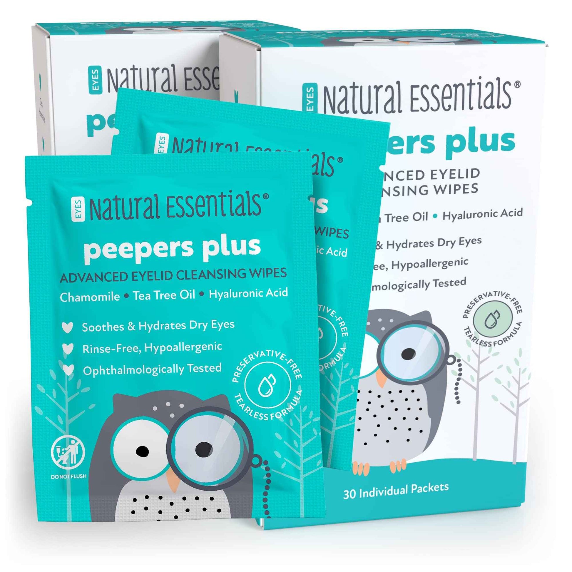 Natural Essentials Peepers Plus Eyelid Wipes, Preservative-Free & Rinse-Free Eye Wipes for Daily Use, Hydrating & Moisturizing Hyaluronic Acid & Tea Tree Oil Soothes Allergy Dry Eyes, 30 Count (2pk)