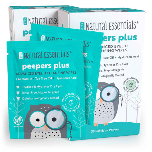 Natural Essentials Peepers Plus Eyelid Wipes, Preservative-Free & Rinse-Free Eye Wipes for Daily Use, Hydrating & Moisturizing Hyaluronic Acid & Tea Tree Oil Soothes Allergy Dry Eyes, 30 Count (2pk)