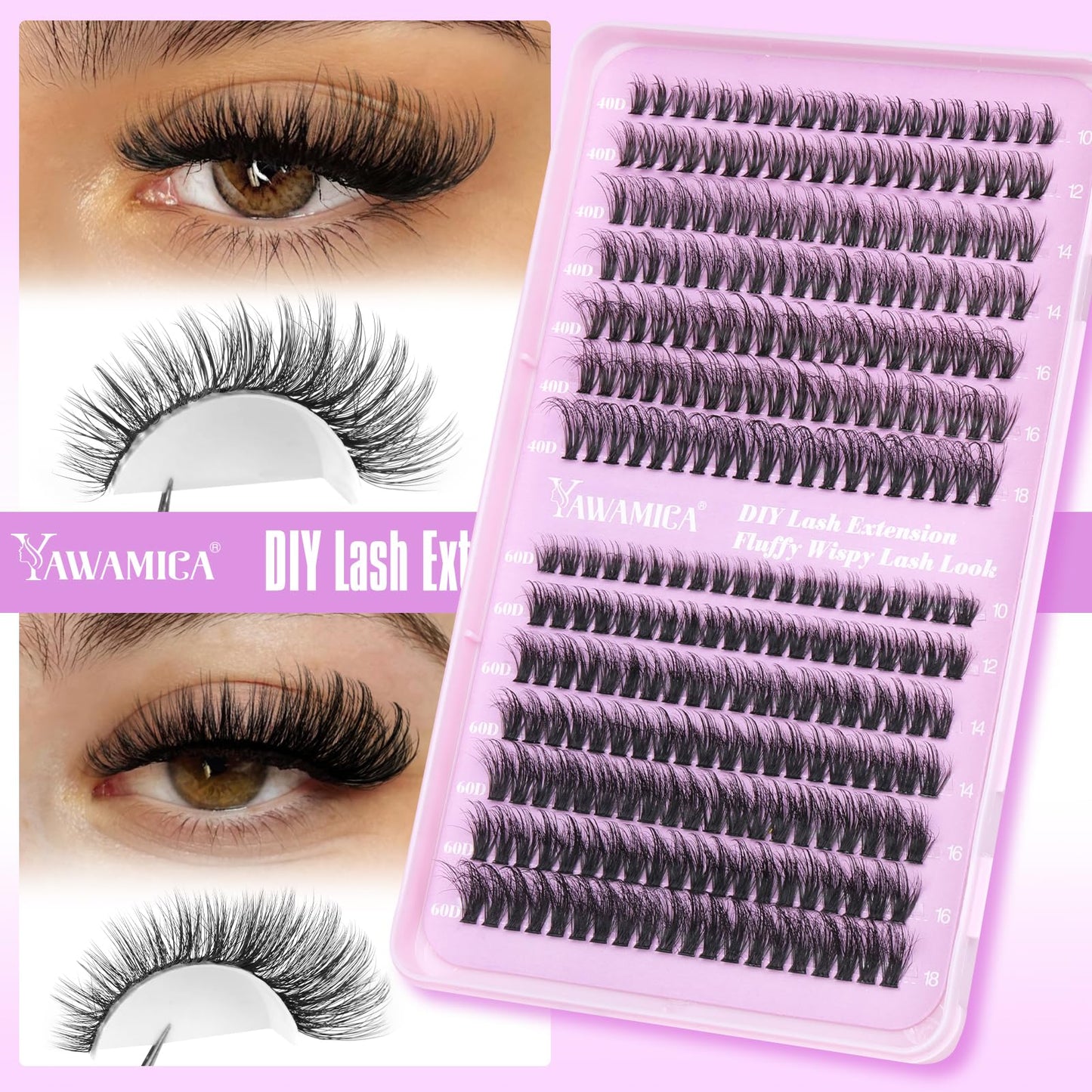 Yawamica Fluffy Eyelash Clusters Lash Extension 40D+60D Volume Individual Lashes Wispy 280pcs Lash Clusters Eyelash Extensions 10-18mm D Curl Cluster Lashes DIY Eye Lash at Home