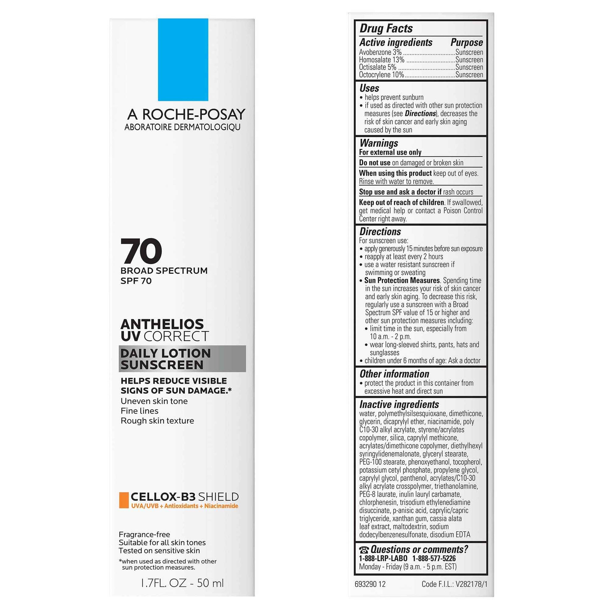 La Roche-Posay Anthelios UV Correct Sunscreen Moisturizer SPF 70, Daily Anti-Aging Face Moisturizer with Sunscreen and Niacinamide to Even Skin Tone & Fine Lines, Sun Protection for Sensitive Skin