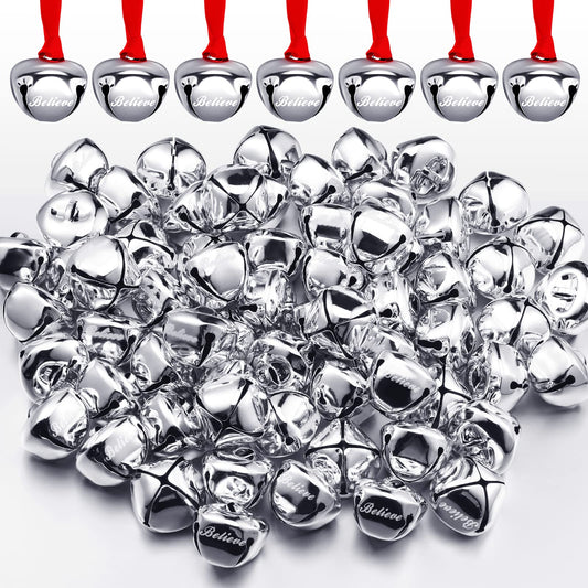 Syhood 72 Pieces Christmas Believe Bell Ornaments Gifts Bulk Polar Bells Santa Sleigh Bells 1.5'' Christmas Tree Decorations Christmas Party Gifts Favors Stocking Stuffers (Silver)