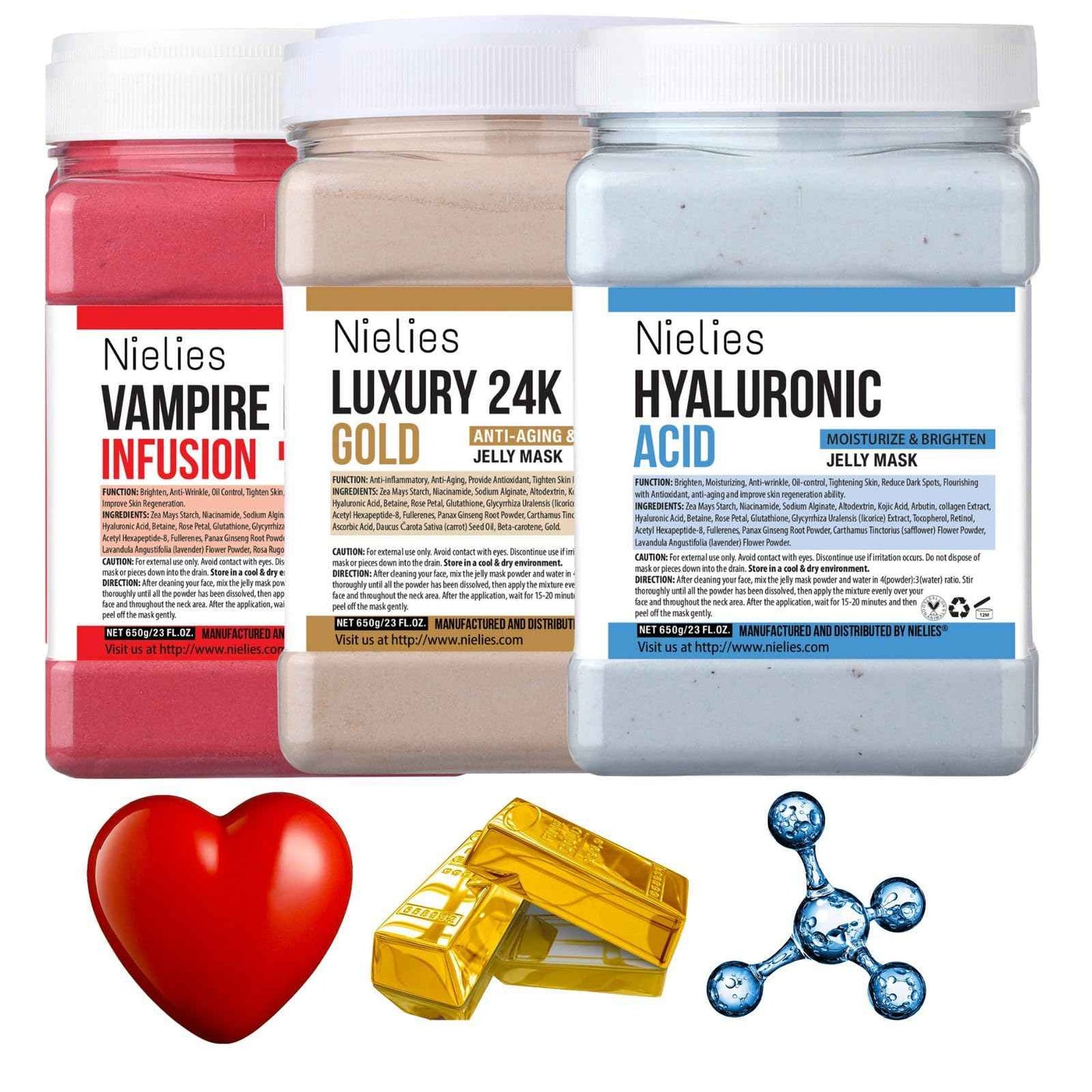Nielies Jelly Face Mask For Facials | Bundle of 24K Gold & Vampire+ Hyaluronic Acid Hydrating And Brightening HydroJelly Masks | Vajacial