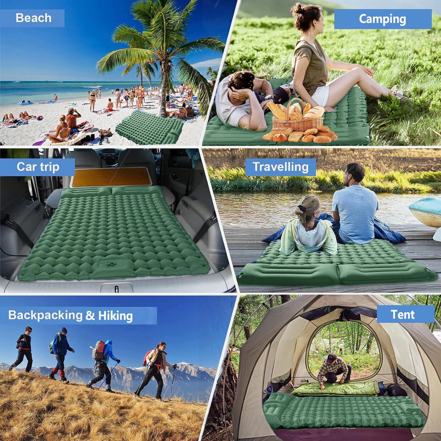 Pretyw Double Sleeping Pad for Camping Ultralight Camping Mattress with Pillow Built-in Foot Pump Thick Self Inflatable 2 Person Portable Camping Mat for Backpacking Hiking Car Traveling Beach Tent