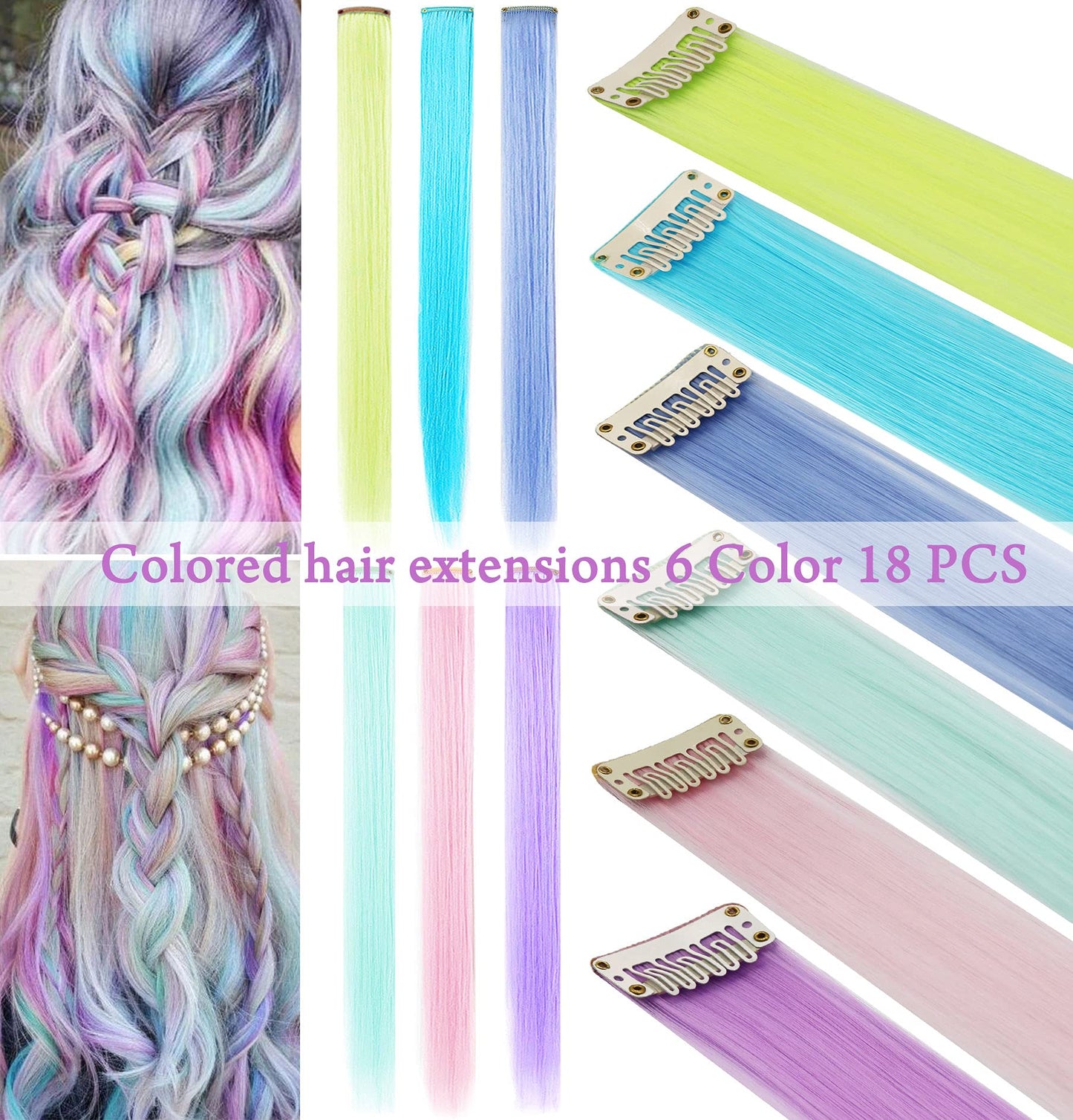 XIRRWWH Colored Hair Extensions Clip in,21 Inch Rainbow Hairpieces Heat Resistant Straight Hair,Birthday Gifts Party Multicolor Hair Accessories 18 Pcs of Set (Candy color)