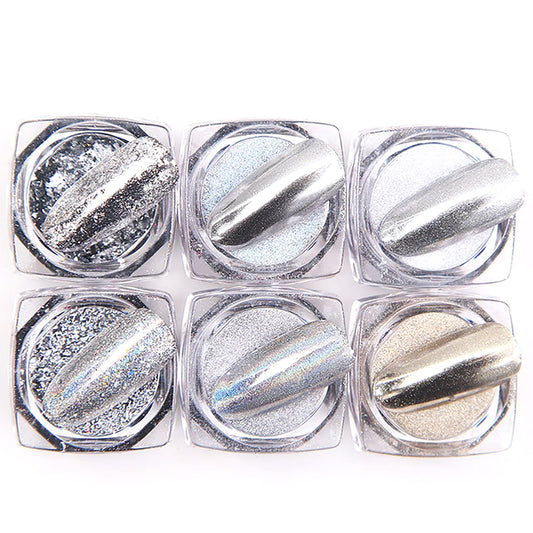 EnMart Chrome Nail Powder Set, 6 Colors Shimmer Nail Art Kit Silver Metallic Effect Mirror Pigment Glitter Dust Kit for Nail DIY Face Body Hair Makeup Crafts Decoration