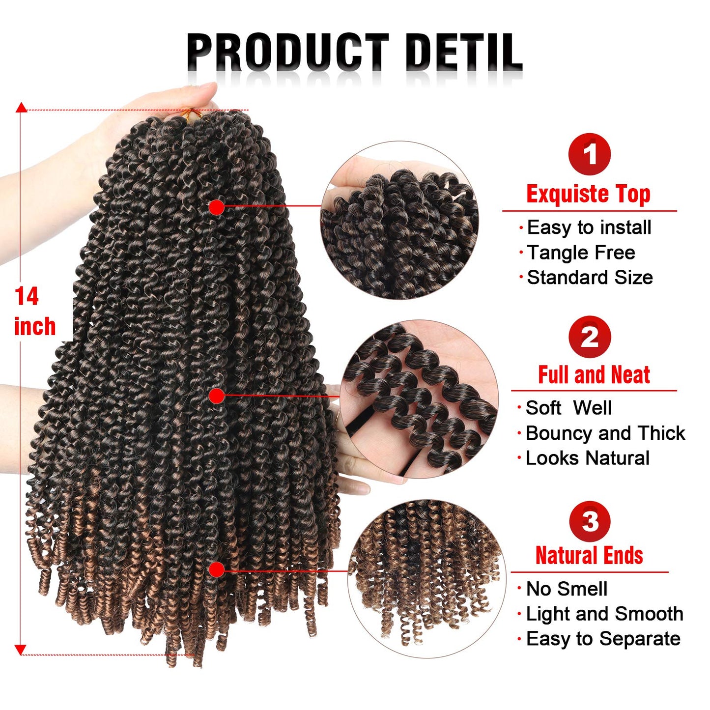 14 Inch Spring Twist Crochet Braids Hair for Butterfly Locs Bomb Twist Crochet Hair Beyond Beauty Ombre Colors Synthetic Fluffy Hair Extension 3 Packs 30 Strands 190g/Pack(14 Inch, T1B 30)