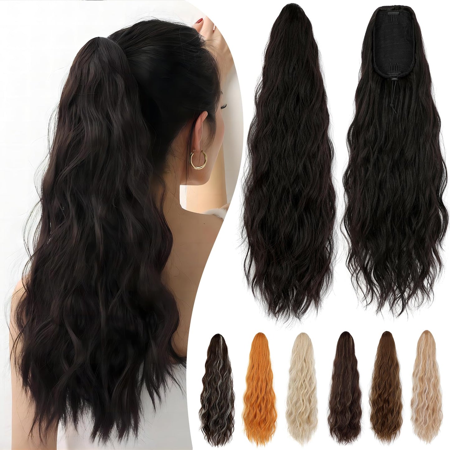 Cephermer Ponytail Extension 24'' Long Wavy Drawstring Pony Tails Hair Extension Ponytail Dark Brown Synthetic Hairpiece for Women