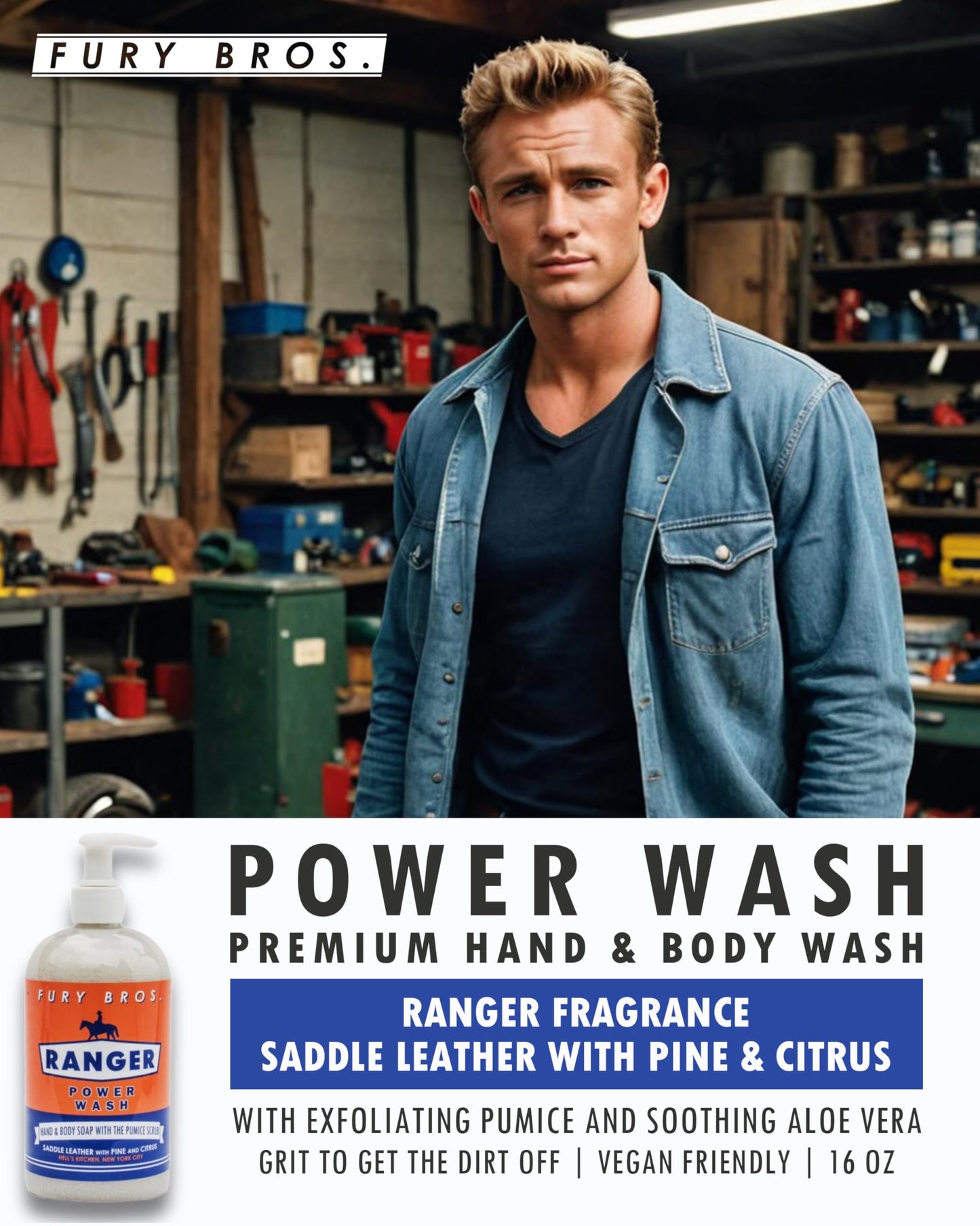 FURY BROS. Premium Power Wash | Ranger | Saddle Leather Pine Citrus | Hand & Body Wash | Exfoliating Pumice | Moisturizing Aloe Vera | Highly Scented | Made in USA | 16 oz | Dad Men Bath