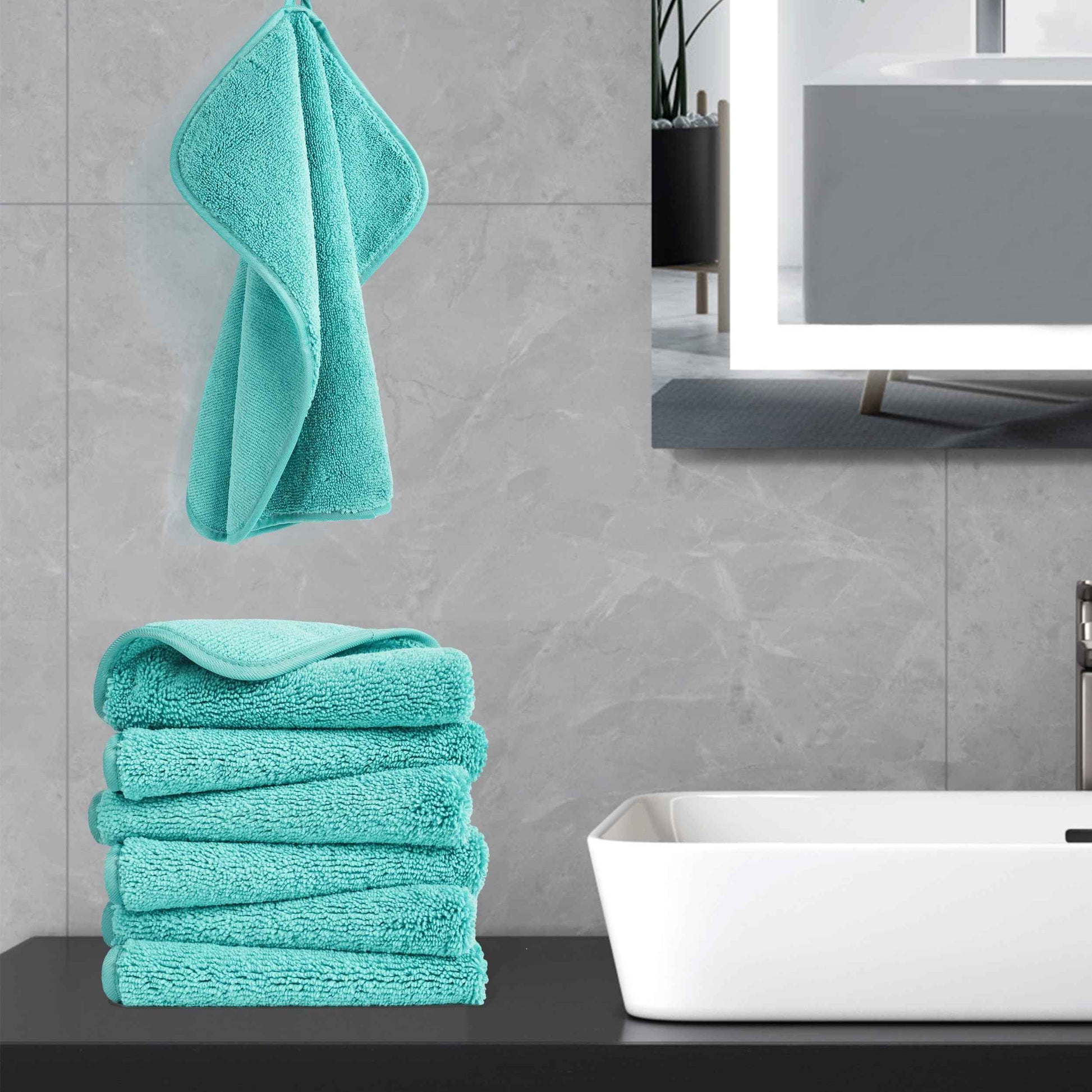 POLYTE Premium Lint Free Microfiber Washcloth Face Towel, 13 x 13 in, Set of 6 (Aqua)