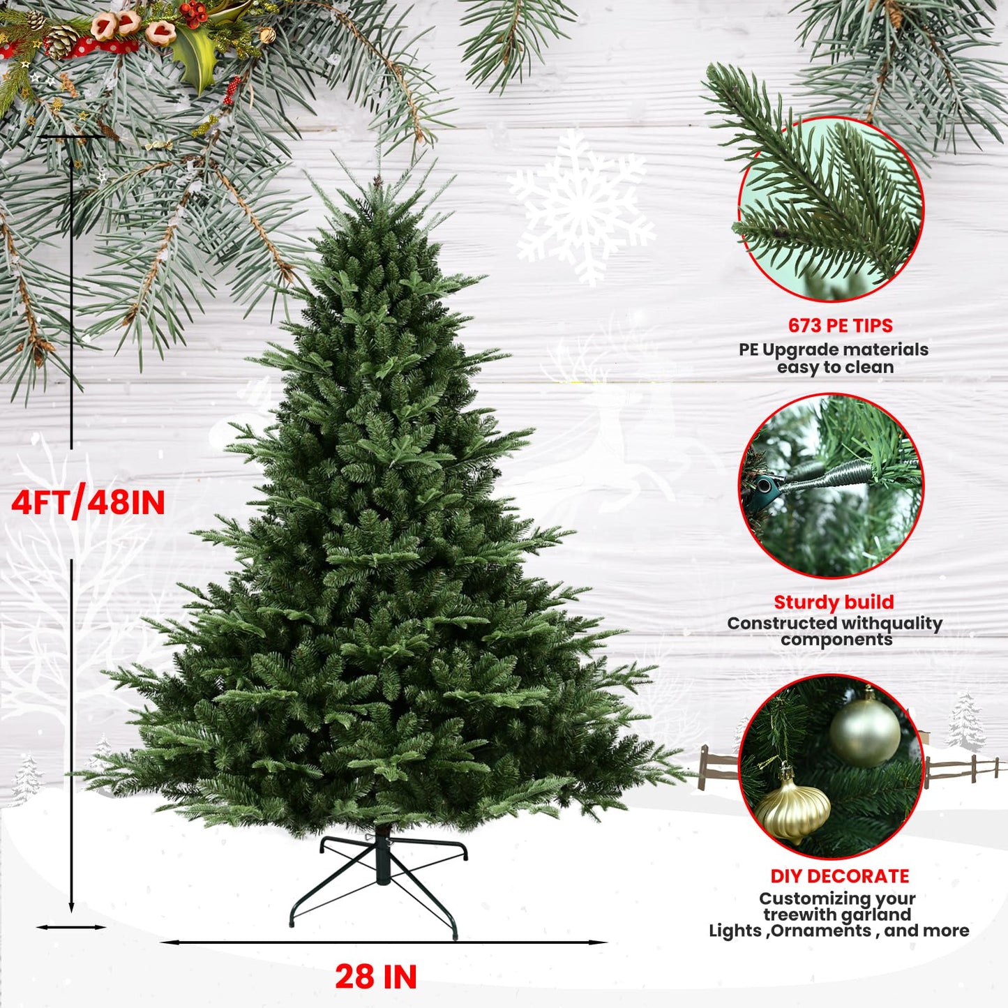 Realistic Artificial Unlit Christmas Tree, Leheyhey 4ft Christmas Tree for Home, Office, Party Decoration, 674 PE&PVC Mixed Branch Tips, Easy Assembly, Metal Hinges & Foldable Base