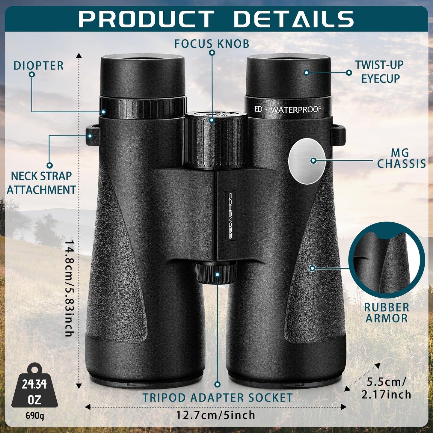 EEDABROS 12×50 UHD Binoculars for Adults High Powered with ED Glass- Large View Binoculars with Clear Low Light Vision - Lightweight Waterproof Binoculars for Bird Watching Hunting Stargazing