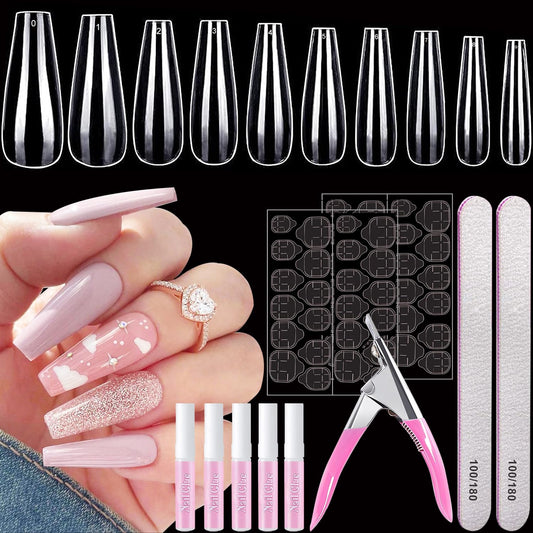 500 Pcs Coffin Nail Tips, AITRAI Long Nail Tips for Acrylic Nails Professional Clear Coffin Nail Tips Full Cover Ballerina False Nails Tips with Glue, Adhesive Tabs Acrylic Nail Clipper Files,10 Size