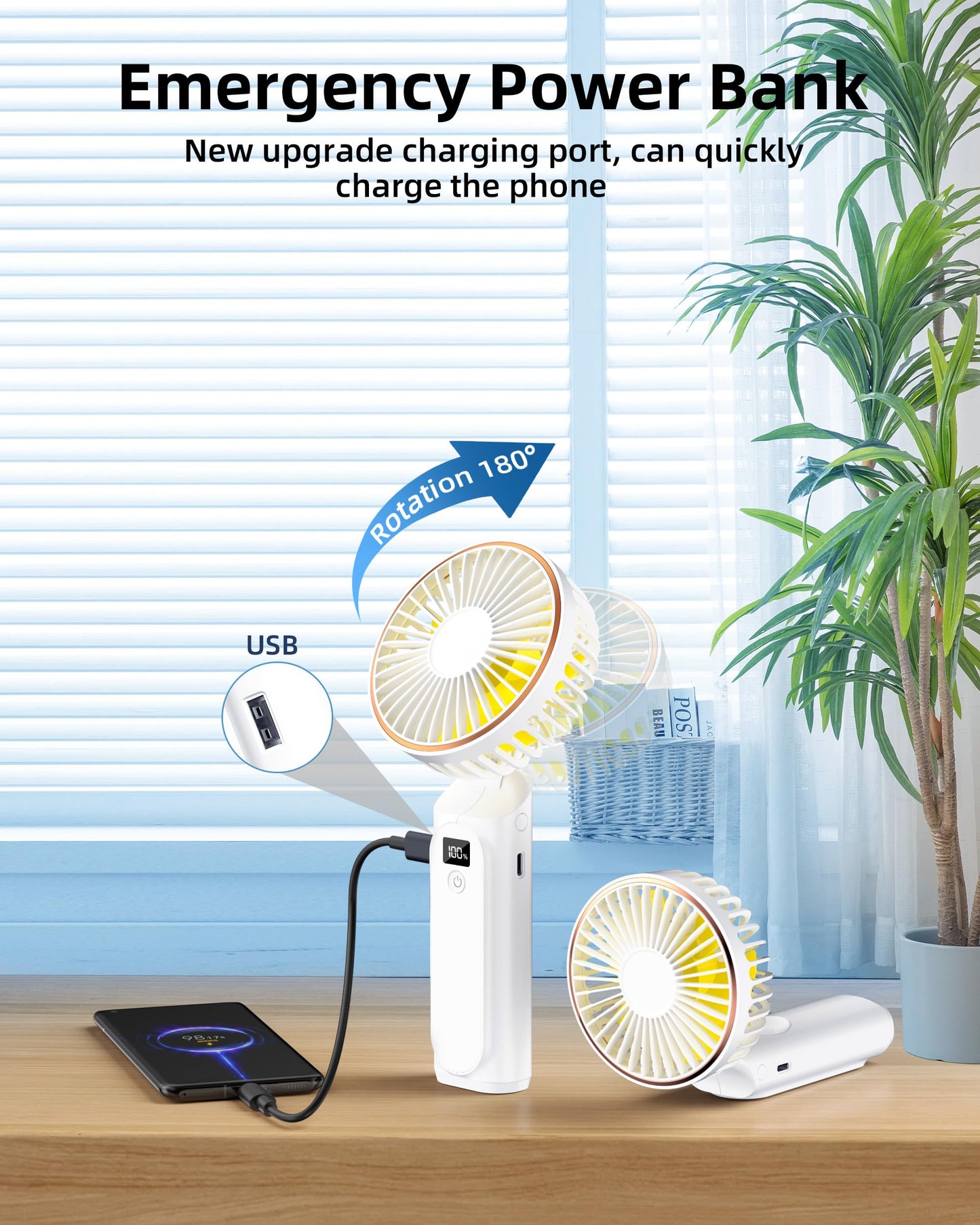 TUNISE Portable Handheld Fan, Portable Fan Rechargeable, 4000mAh, 180° Adjustable, 6 Speed Wind, Display Electricity in Real Time, USB Rechargeable Foldable Fan, Quiet Personal Fan with Power Bank