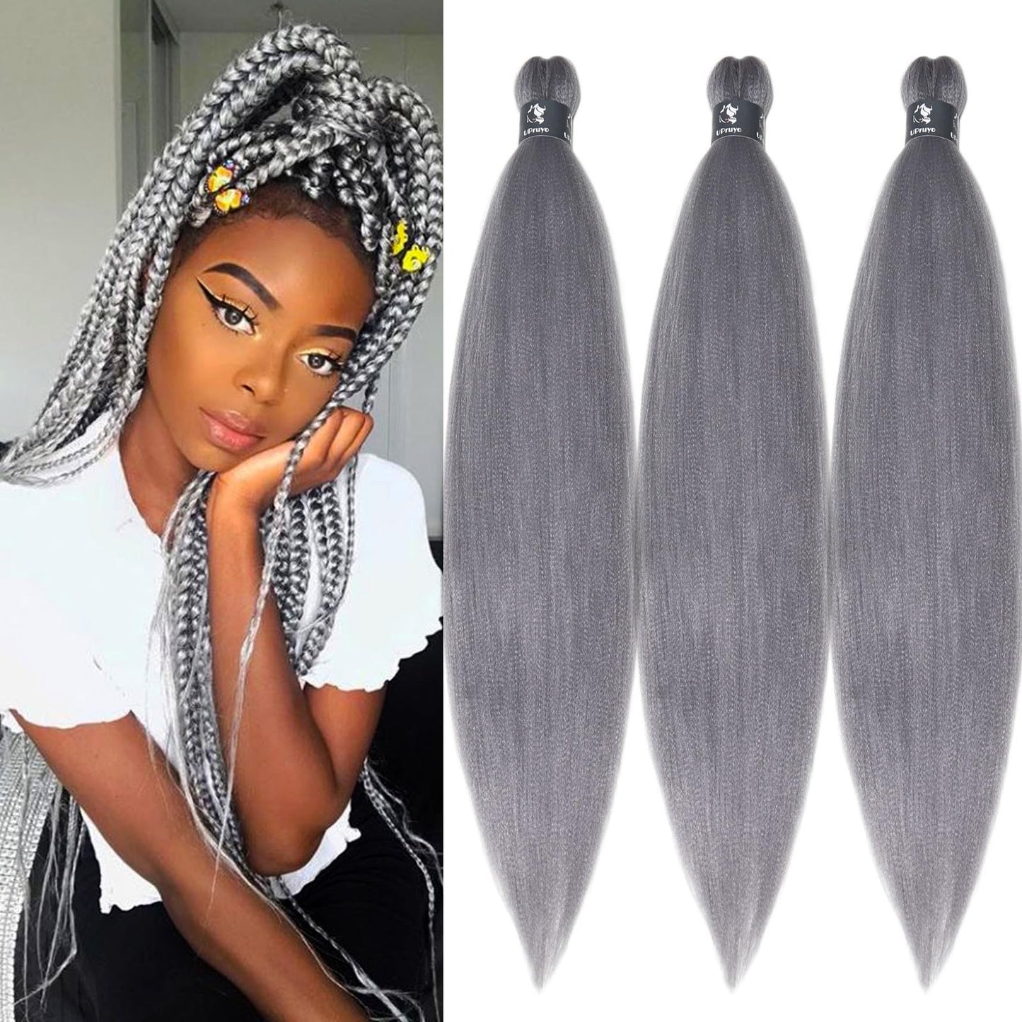 Grey Braiding Hair Pre Stretched Kanekalon Long Braiding Hair 26 Inch Fake Synthetic Hair for Braiding Extensions Micro Crochet Clean Therapy Prestretched Prestressed Braiding Hair UPruyo (3 Packs)