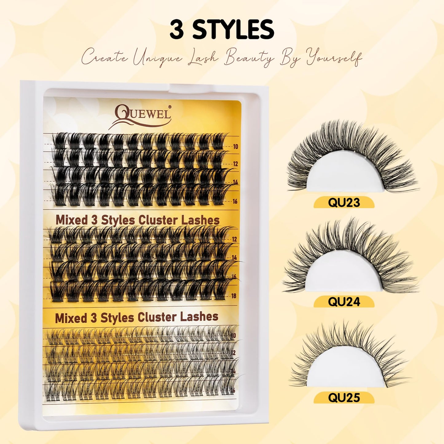 QUEWEL Lash Clusters Kit Multi-type Mixed Eyelash Clusters 144Pcs with Lash Bond and Seal, Cluster Lashes Tweezers, DIY Lash Extensions Kit can Create Kinds of Effects for personal(Style-B-PL2)