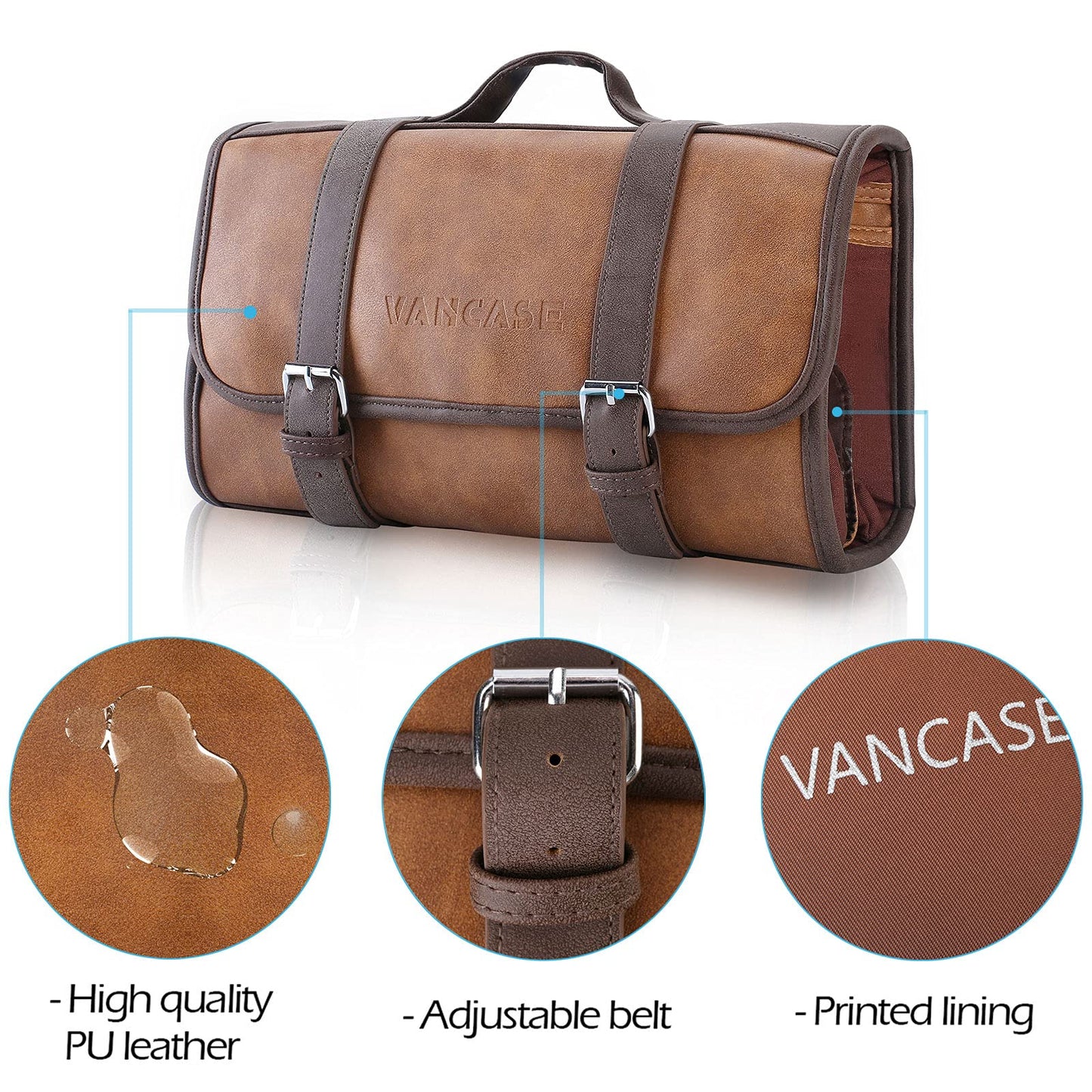 VACNASE Hanging Toiletry Bag for Men Leather Bathroom and Shower Organizer Travel Makeup Accessories kit Great Gift