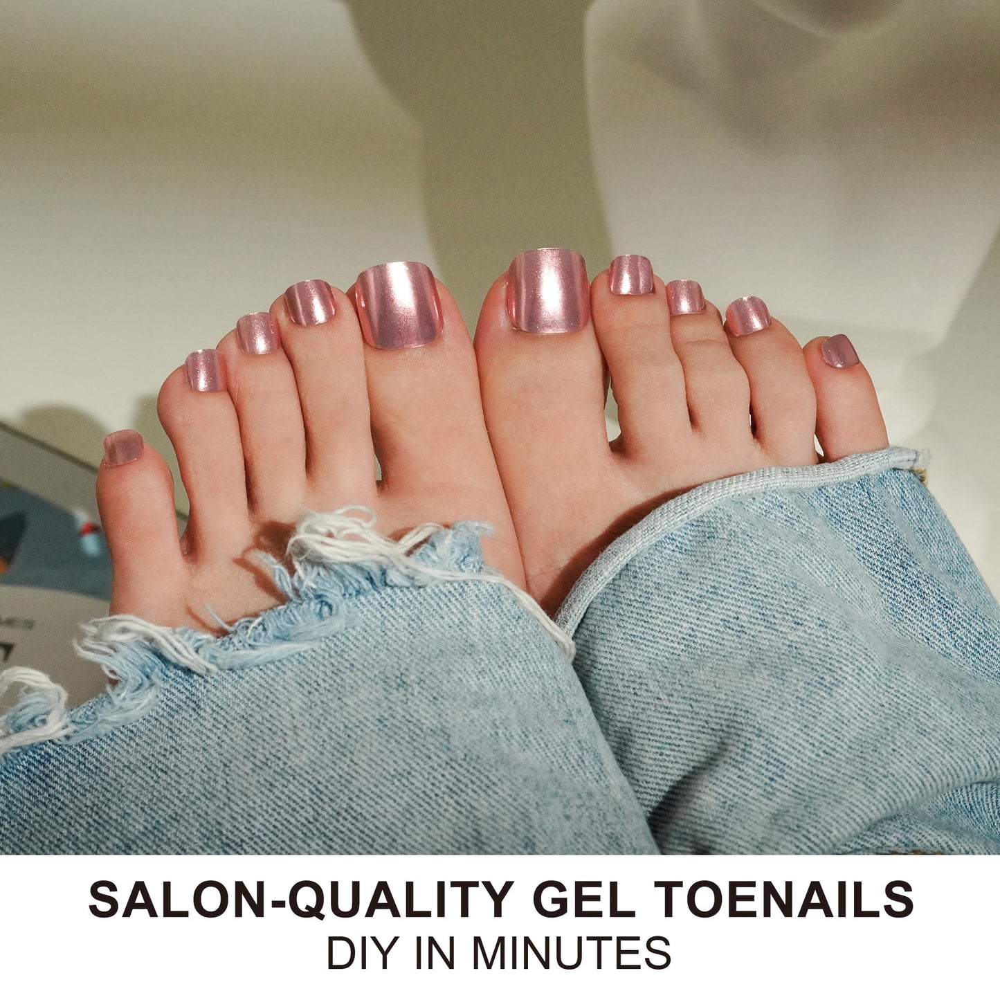 DANNI & TONI Semi Cured Gel Toenail Strips Rose Gold (Champagne Shine) Mirror Gel Toenail Stickers Metalic Gel Pedi Wraps 37 Stickers