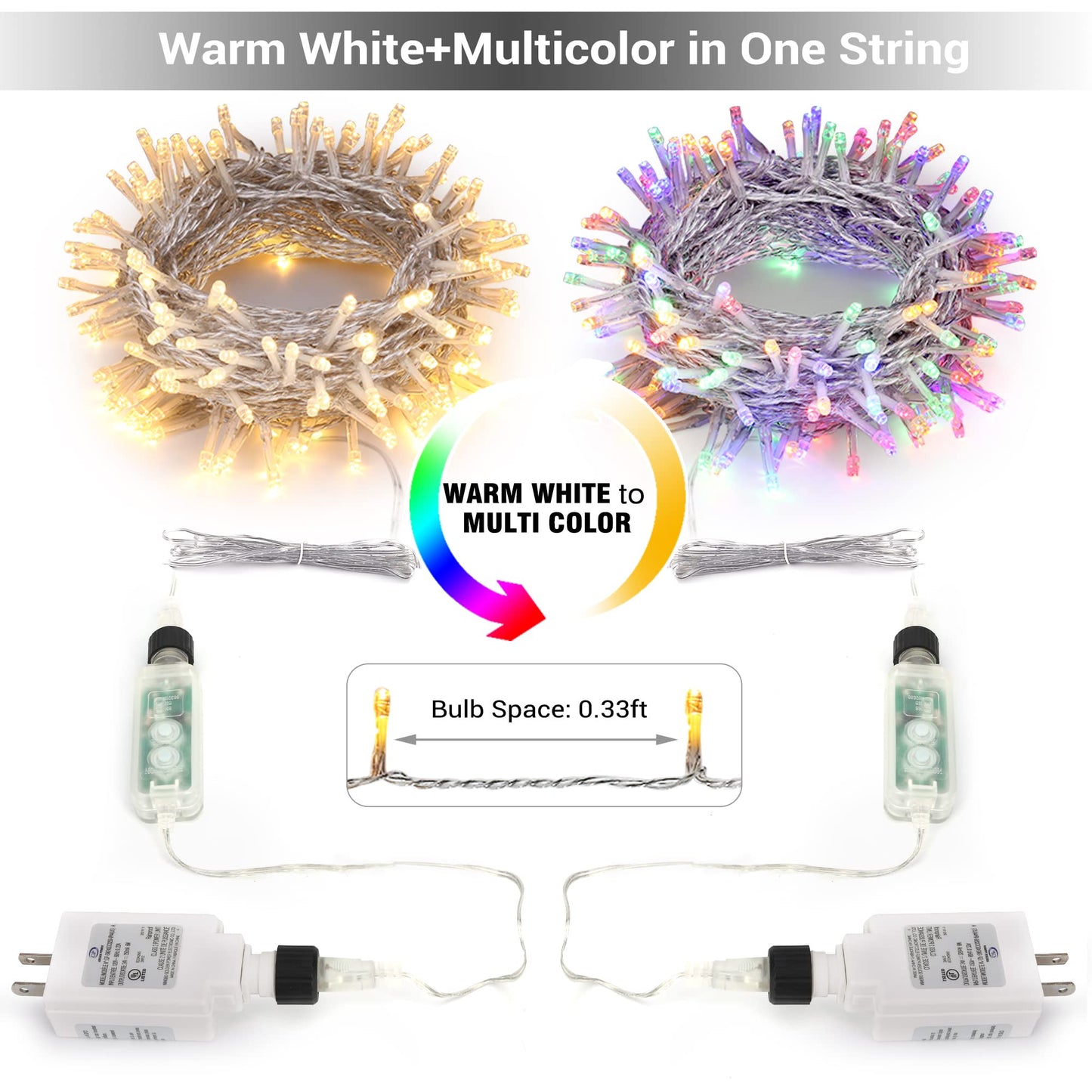 Brizled Color Changing Christmas Lights, 300 LED Christmas String Lights Connectable, 115ft 11 Modes Christmas Tree Lights Warm White & Multicolor Clear Wire Xmas Lights Remote for Xmas Party Home