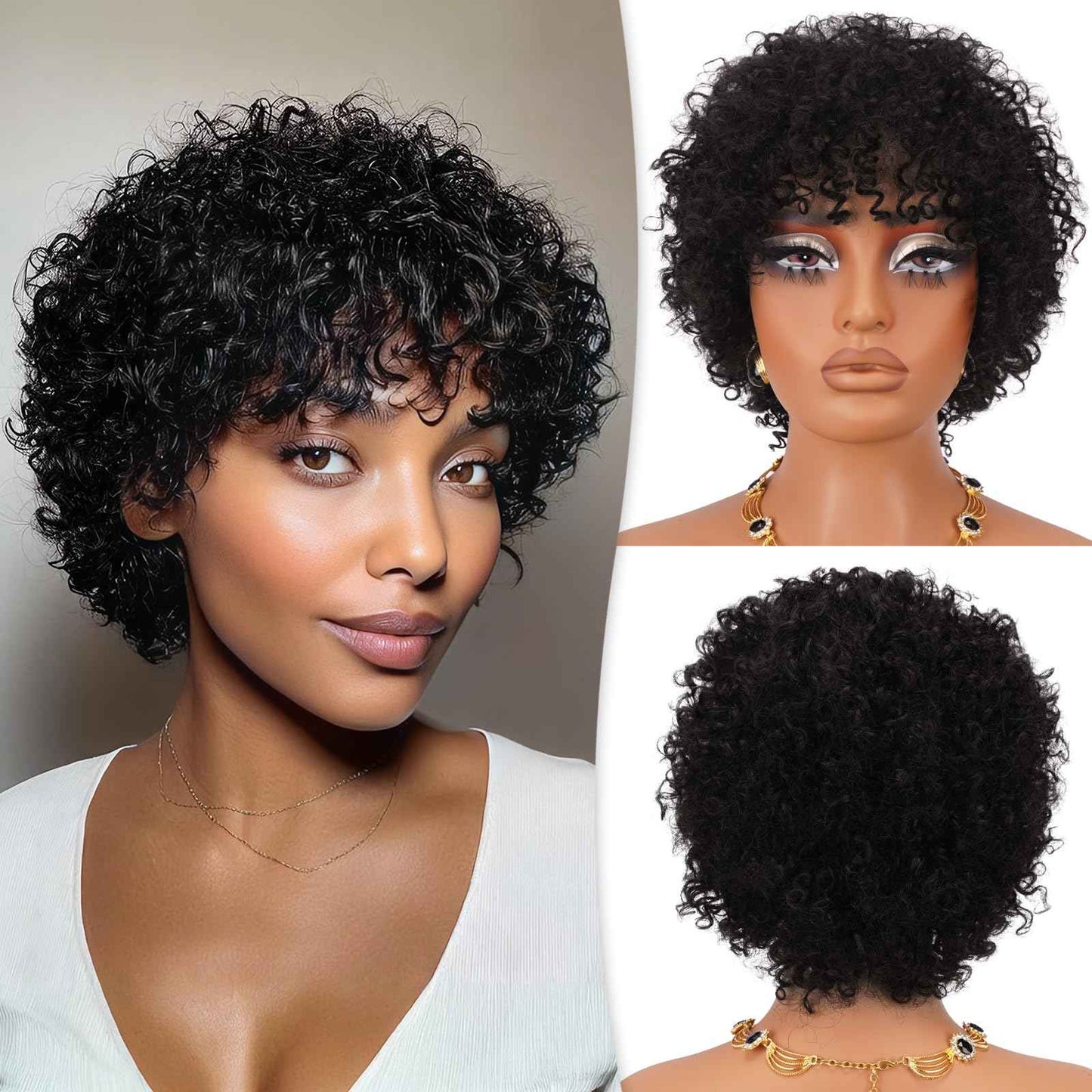 RUWISS Short Curly Human Hair Wig 10 Inch Brazilian Kinky Curly Wigs with Bangs for Black Women - Wear and Go Glueless Short Wig, ZF-003 Black Brown