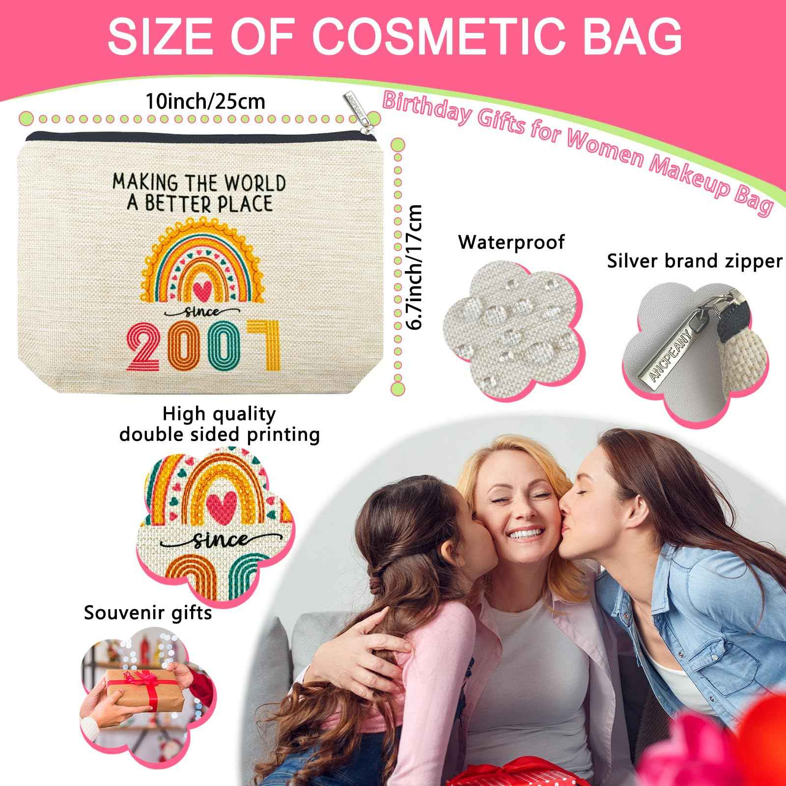 Ancpeany 18th Birthday Gifts for Girls: Makeup Bag, 2007 Happy 18th Birthday Decorations, Cosmetic Travel Pouch