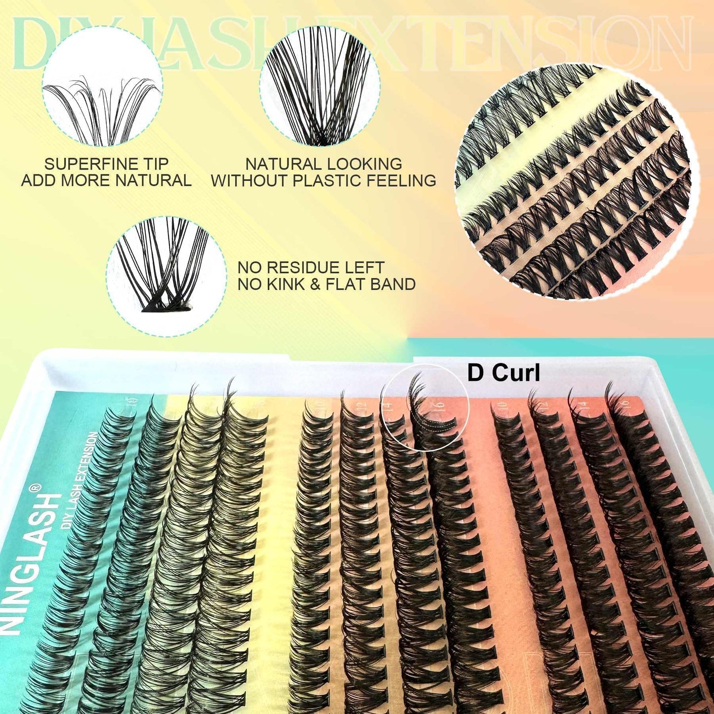 Lashes Clusters Ninglash D Curl NY14 DIY Eyelash Extension Soft Natural Lightweight 10/12/14/16mm Mix 96 Pcs Individual Lash Extensions Resuale Eyelash Cluster Lashes for Home use