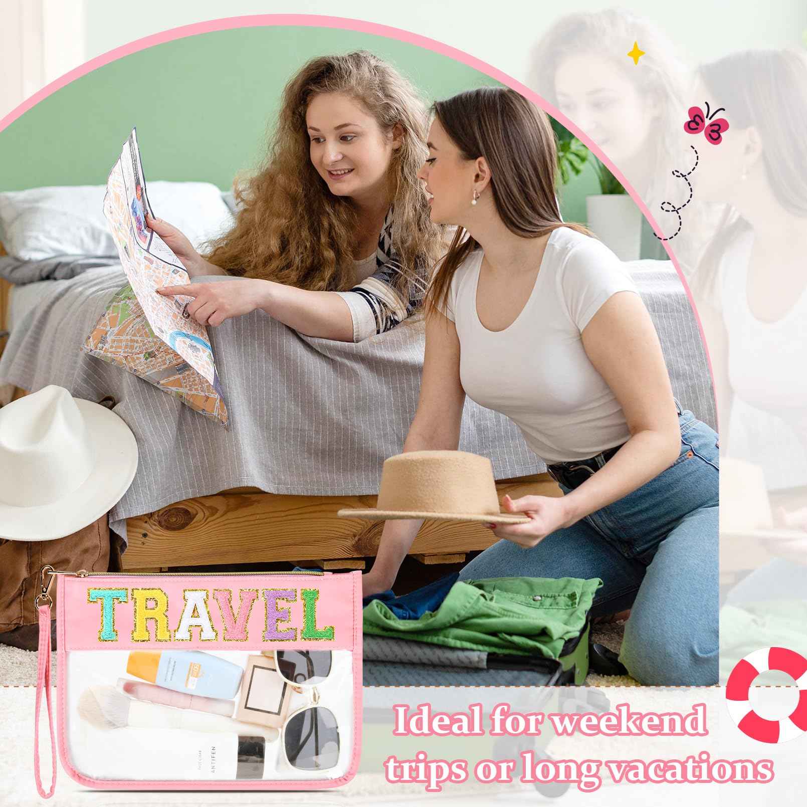 SOIDRAM Travel Makeup Bag Chenille Letter Patch Large Waterproof PVC Toiletry Bag Preppy Nylon Cosmetic Organizer for Women and Girls