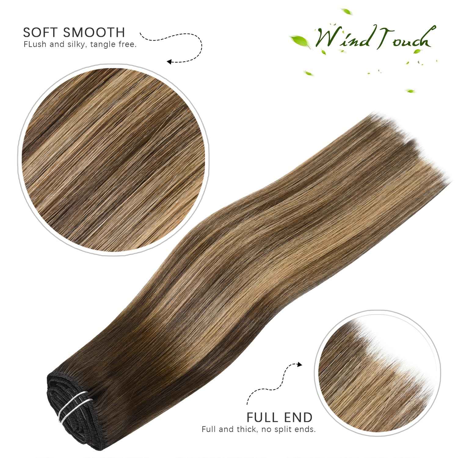WindTouch Clip in Hair Extensions Real Human Hair Balayage Chocolate Brown To Dark Blonde Ombre Highlights for Brown Hair 12Inch 75g #4T27P4 7PCS