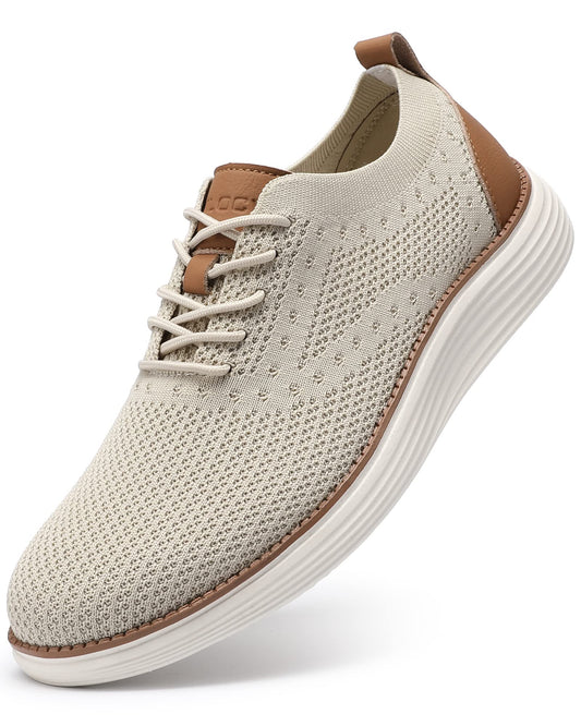 VILOCY Men's Casual Dress Sneakers Oxfords Business Shoes Lace Up Lightweight Comfortable Breathable Walking Knit Mesh Fashion Sneakers Tennis Beige,EU40