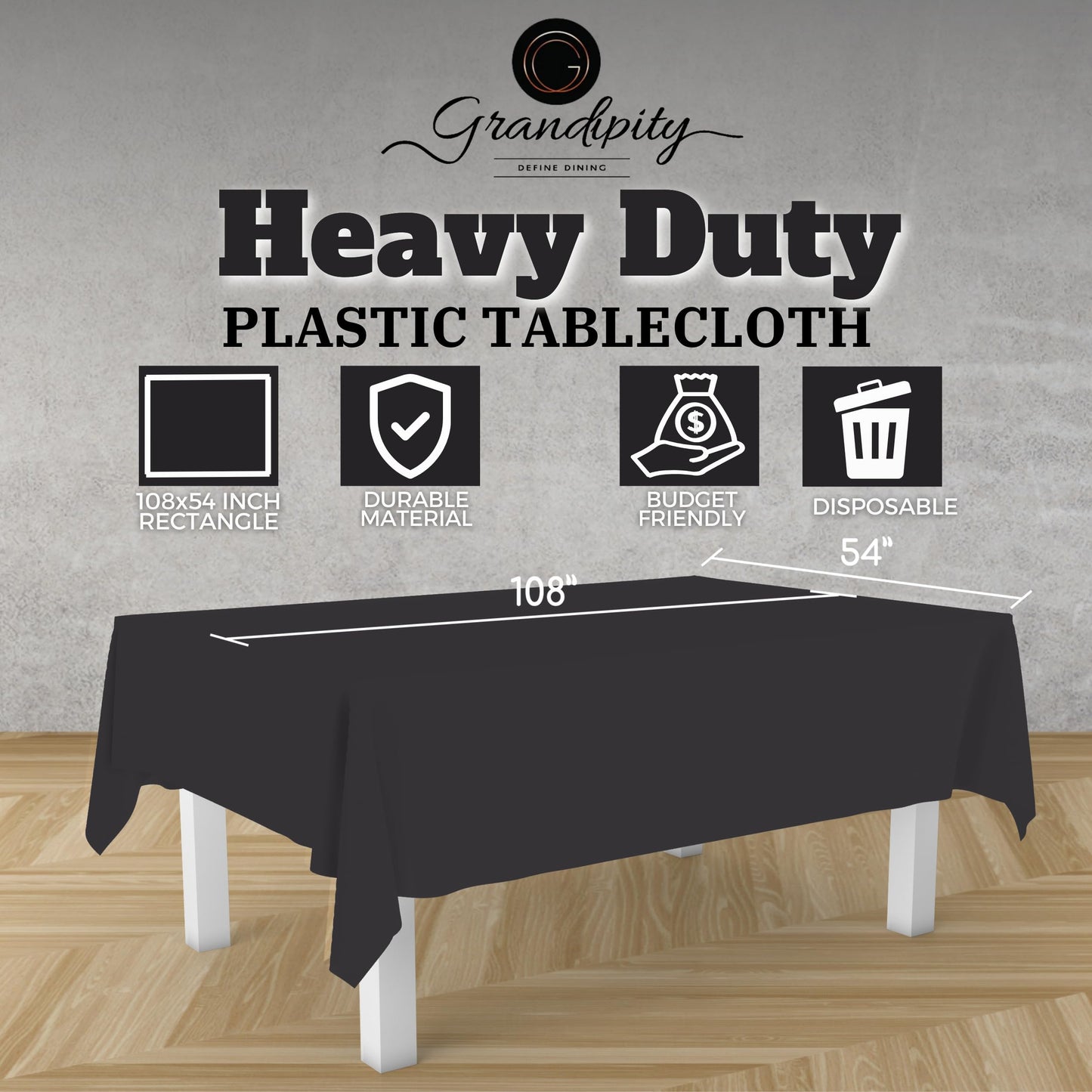 Grandipity Dark Grey 12 Pack Premium Disposable Plastic Tablecloth 54 Inch. x 108 Inch. Decorative Rectangle Table Cover