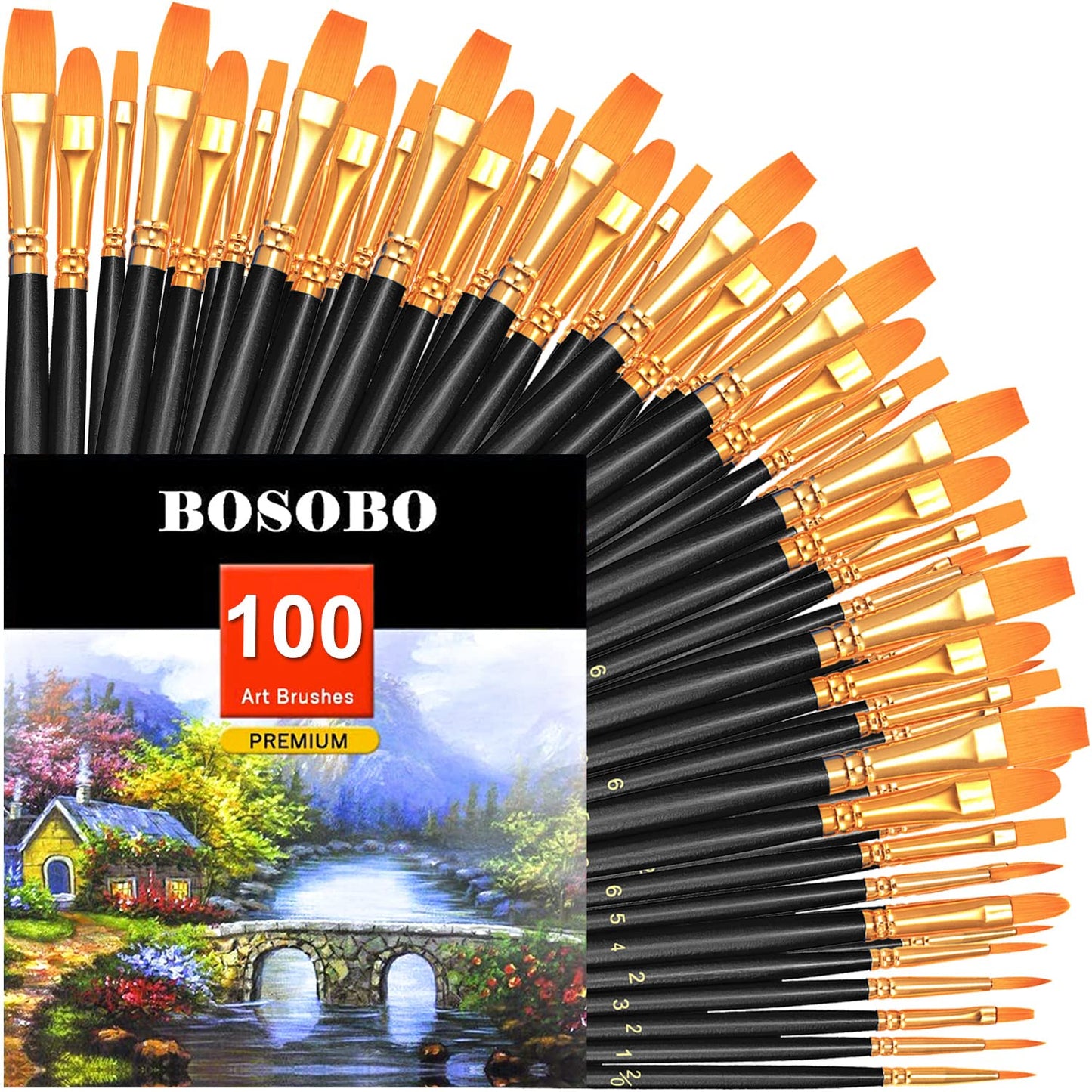 BOSOBO Paint Brushes Set, 10 Pack 100 Pcs Round Pointed Tip Paintbrushes Nylon Hair Artist Acrylic Paint Brushes for Acrylic Oil Watercolor, Face Nail Art, Miniature Detailing & Rock Painting, Black