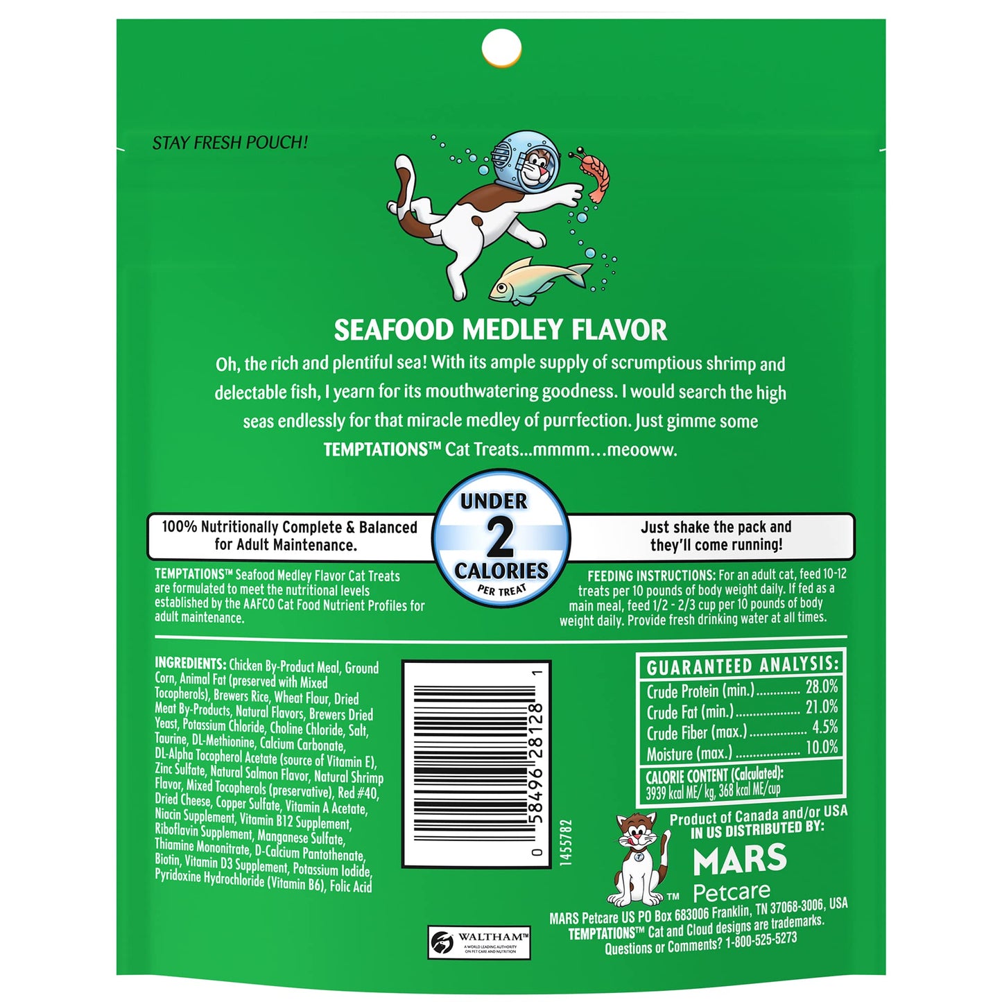 Temptations Classic Crunchy and Soft Cat Treats Seafood Medley Flavor, 6.3 oz. Pouch (Pack of 10)