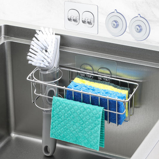 3-In-1 Sponge Holder for Kitchen Sink with Suction Cups & Adhesive Hook , In Sink Sponge Holder, Wall Hanging Sink Caddy Organizer Rack - Sponge, Dish Cloth, Brush, Scrubber - 304 Stainless Steel