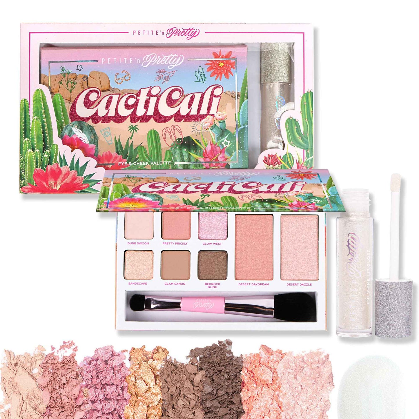 Petite N Pretty Beginner CactiCali Makeup Set for Kids, Teens, & Tweens - Natural Eyeshadow and Cheek Makeup Palette & 10k Shine Lip Gloss (Diamond Heist)