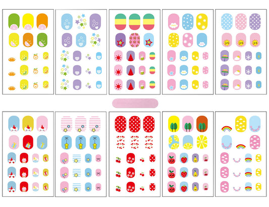 Kids Nail Stickers Full Nail Wraps Self Adhesive Nail Polish Strips for Kids Girls Nail Art Decoration Fun Including Fruits Rainbows Stars Hearts Clouds Recommend for Age 8 and Older (Pack of 10)