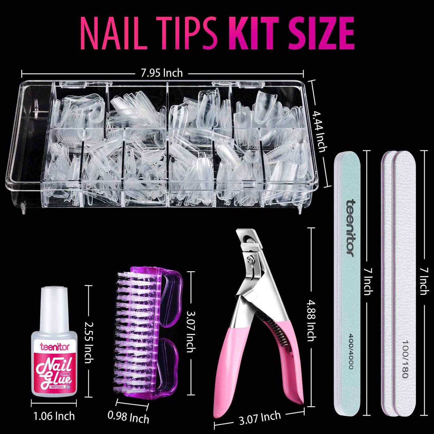 Teenitor Clear Fake Coffin Nail Tips and Nail Art Decoration Kit, 600Pcs Clear Nail Tips and 5 Boxes Holographic Nail Art Glitter Sequins and 12 Sheets Nail Art Stickers for Press On Nails