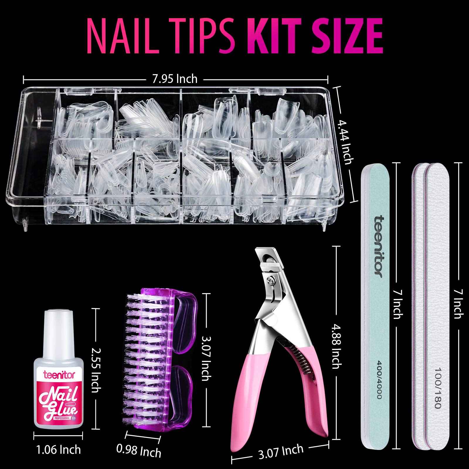 Teenitor Clear Fake Coffin Nail Tips and Nail Art Decoration Kit, 600Pcs Clear Nail Tips and 5 Boxes Holographic Nail Art Glitter Sequins and 12 Sheets Nail Art Stickers for Press On Nails