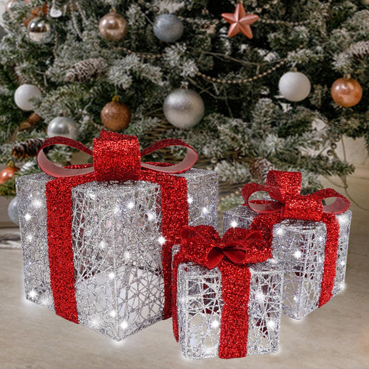 Lighted Gift Box Set of 3, Silver Boxes with Red Bow, Prelit 60 White Lights Present Boxes Lighted Display with Plug Home Porch Outdoor Yard Christmas Decorations-Red