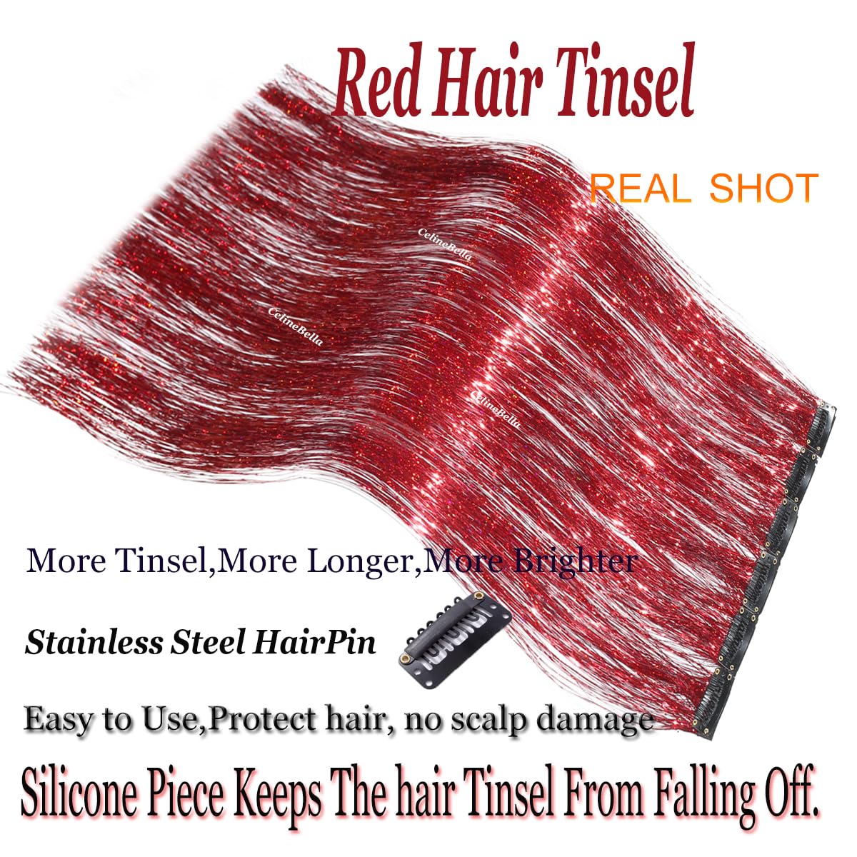 CelineBella Clip In Hair Tinsel Red Tinsel Hair Extensions 80 Strands/Pcs for Kid(24 Inch Pack of 12Pcs, Shining Red)