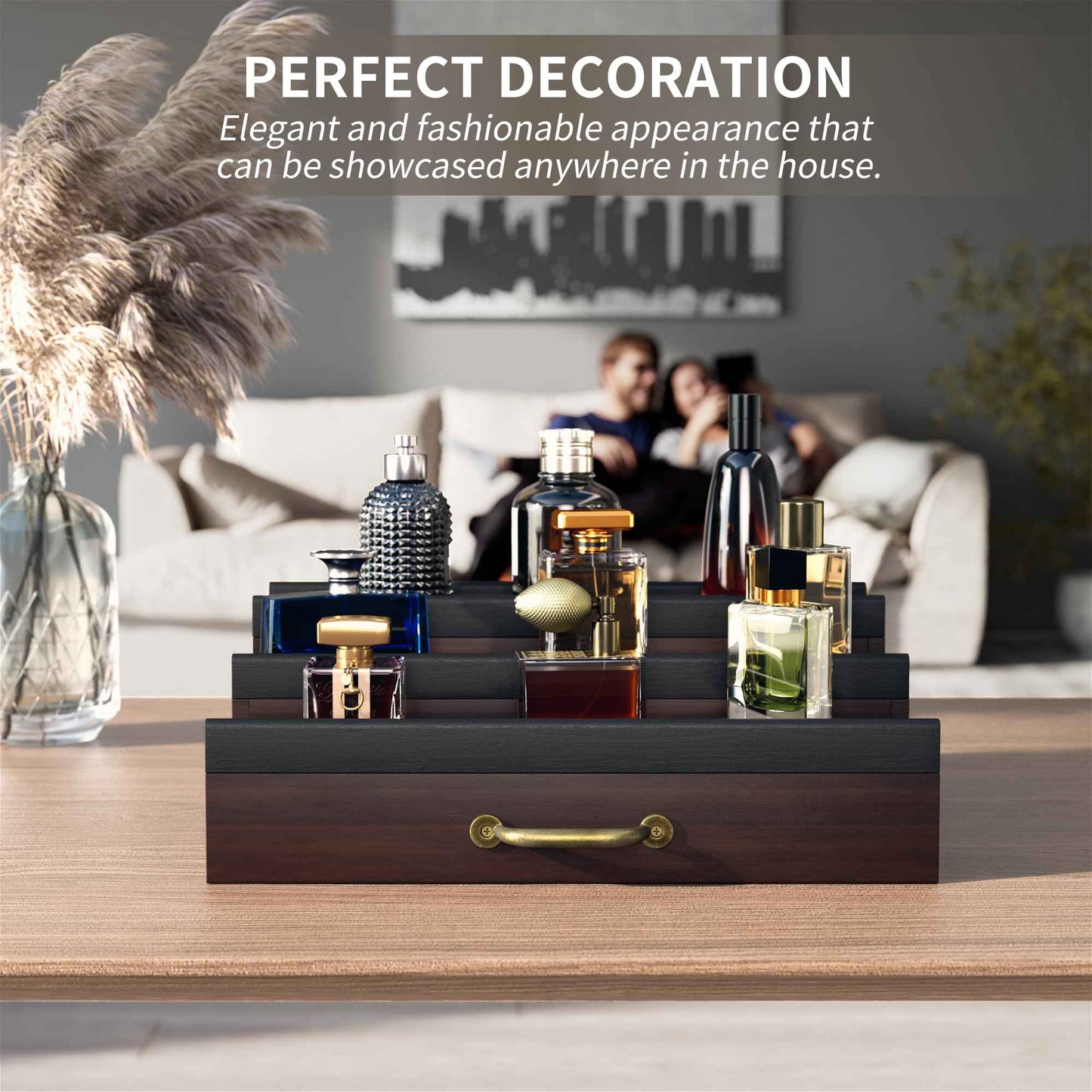 YIKIBOX Cologne Organizer for Men,Wooden Perfume Organizer with Hidden Compartment and Drawer,Cologne Stand and Storage Display Risers for Dresser,Great Gift for Men/Friend（DarkBrown）