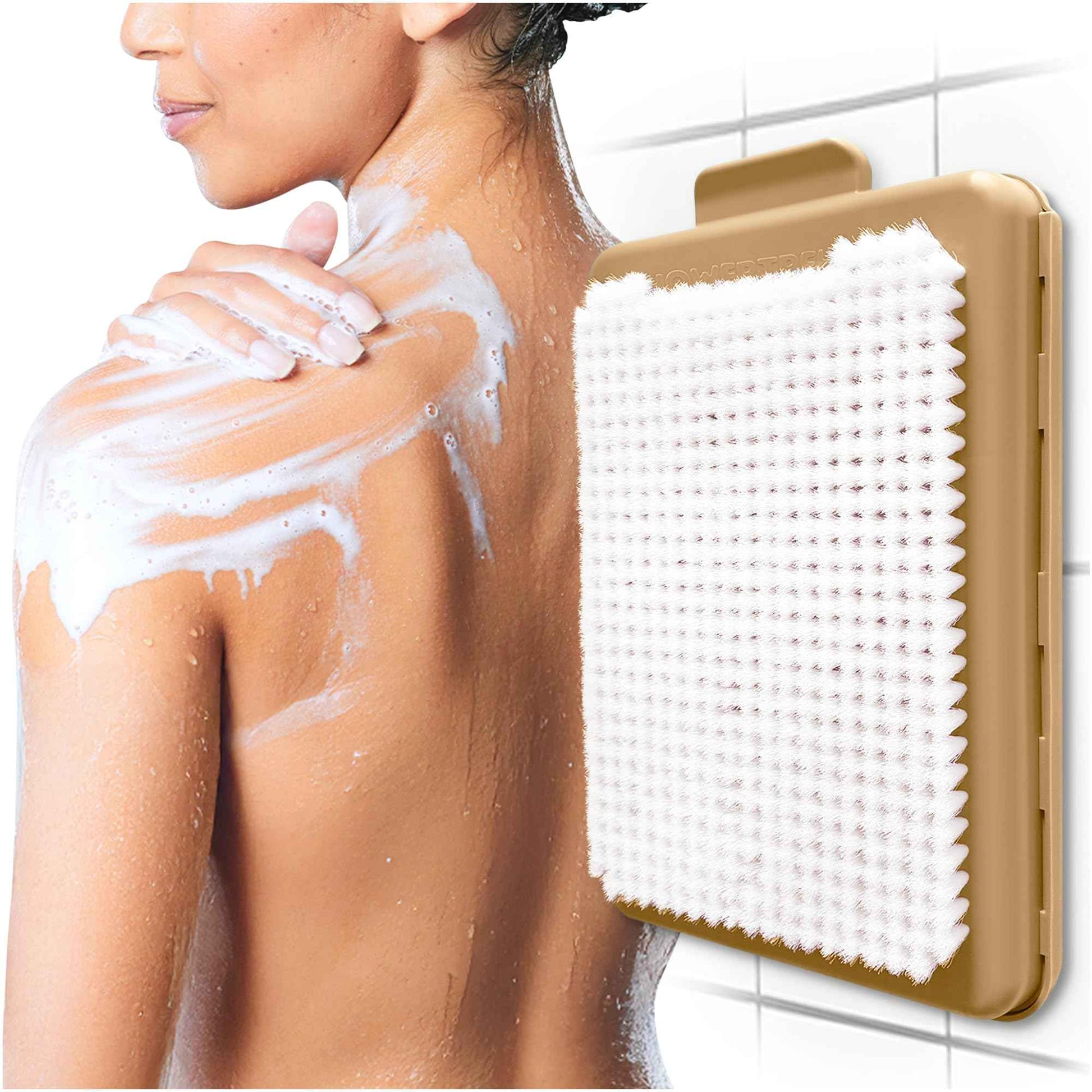 ShowerTree Wall-Mounted Back & Body Shower Scrubber | Replaceable Brush with Exfoliating Bristles for Back & Skin Care (Tan)