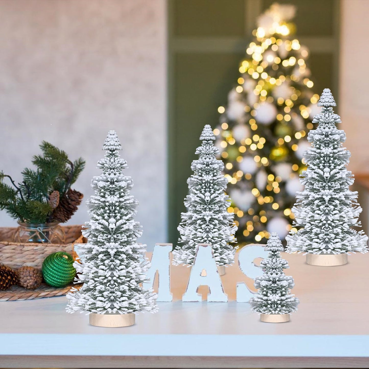 Mini Christmas Tree, Vlorart 4PCS Artificial White Bottle Brush Christmas Trees, Snow Miniature Tree, Small Bristle Christmas Trees, White Flocked Tabletop Tree with Wooden Bases for Xmas Home Decor