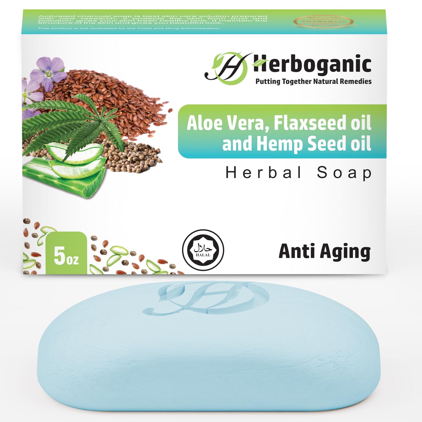 HERBOGANIC Aloe Vera, Flaxseed Oil and Hemp Seed Oil Herbal Soap | Natural Bar Soap for Anti-Aging | Rejuvenating and Nourishing | Gentle for Men and Women | 5 Oz (Pack of 1)