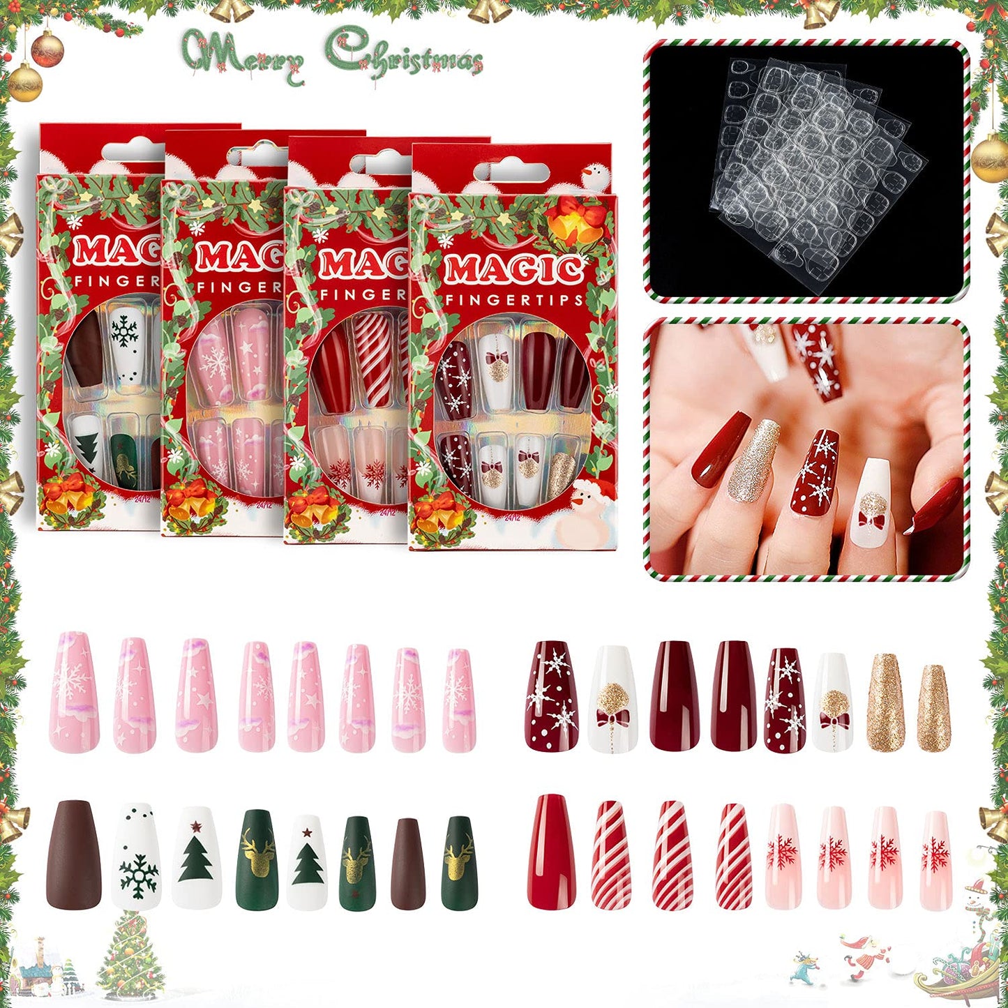 Noverlife 96PCS Christmas Long Coffin Press on Nails with Self Adhesive Jelly Nail Glue Tabs, Xmas Nail Art Decoration Ballerina False Nail Tips, Festive Holiday Fake Nails with Christmas Nail Design