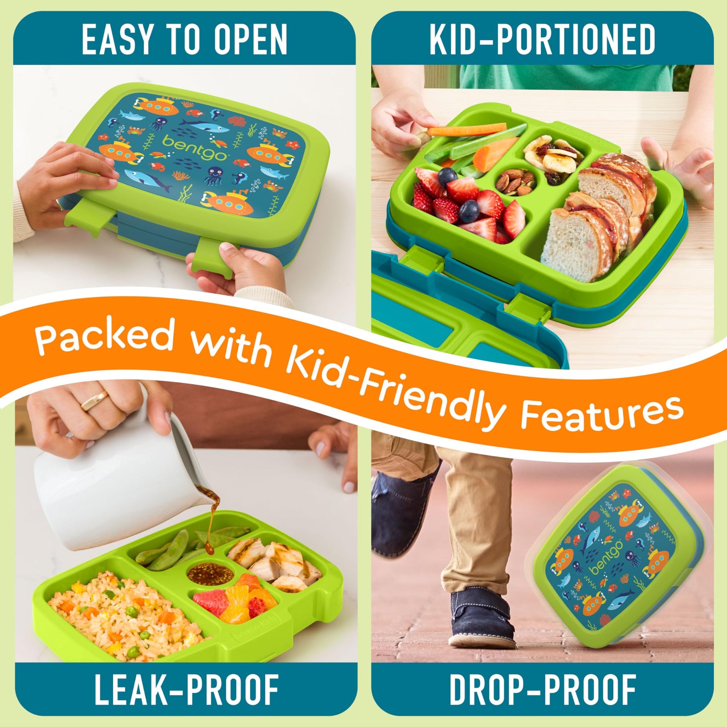 Bentgo Kids Prints Leak-Proof, 5-Compartment Bento-Style Kids Lunch Box - Ideal Portion Sizes for Ages 3-7, Durable, Drop-Proof, Dishwasher Safe, & Made with BPA-Free Materials (Submarine)