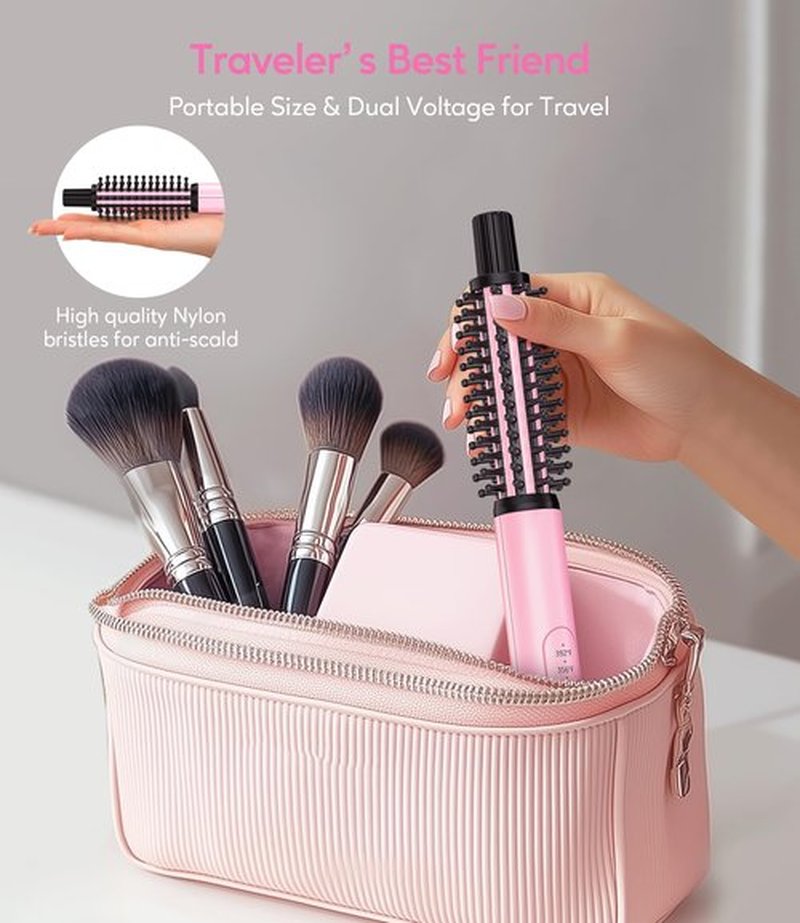 FARERY Mini Thermal Brush 3 Temperature Adjustable, 3/4 Inch Travel Curling Iron for Short Hair, Heated Round Brush for Touch ups and Small Curls, Travel Size Curling Wand, Dual Voltage, Pink
