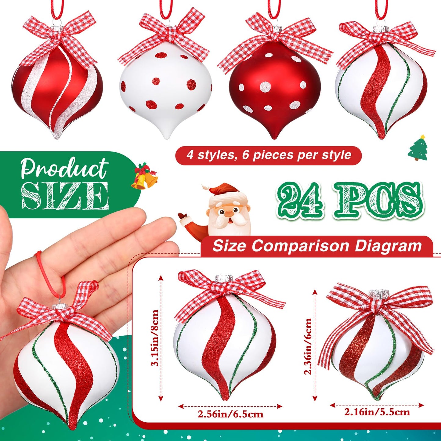 Syhood 24 Pcs Christmas Peppermint Candy Ornament Set with Bows Shiny Striped Hanging Candy Ball Decorations Candy Christmas Decorations for Xmas Tree Party Holiday(Classic,2.56 Inches)