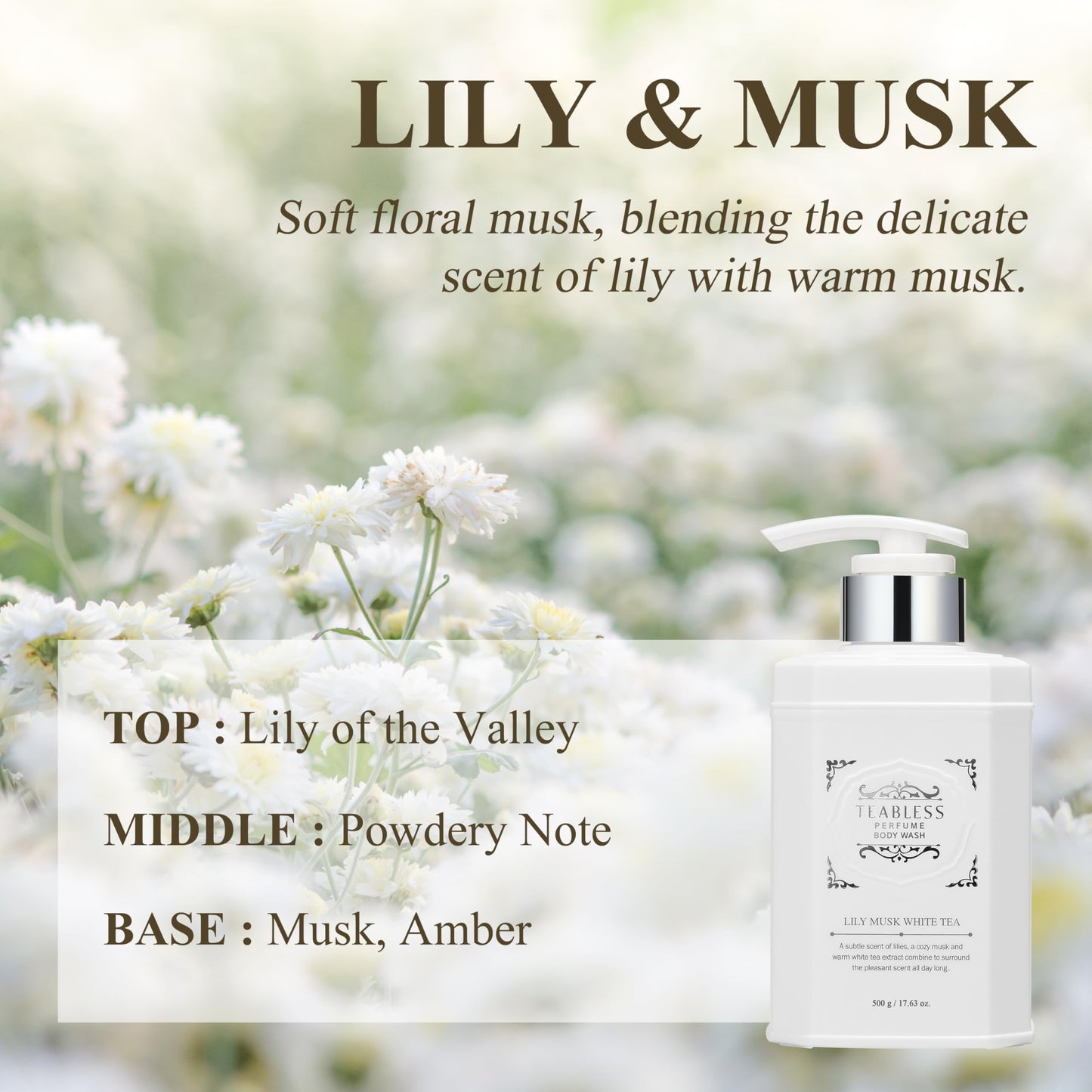 Perfume Body Wash Lily Musk White Tea (17.63oz/500ml) - Hydrating Vegan Body Cleanser for Sensitive Skin - Korean Skin Care with Herbs - Gentle, Moisturizing, Non-Sticky, Floral Musk Scent for Women