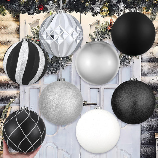 Wettarn Set of 8 Large Christmas Ball Ornaments White and Black 6 Inch Glitter Hanging Christmas Plastic Balls Indoor and Outdoor Hanging Christmas Tree Decorations for Yard Lawn Party Garden