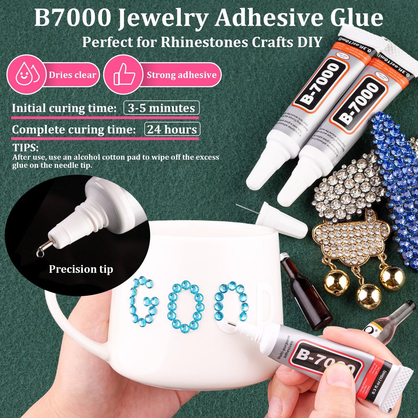 Resin Rhinestones for Crafting with B7000 Jewelry Glue, 1 Box Indicolite Flatback Crystals with 3Pcs 10ml Glue for Bedazzling Crafts DIY Nail Art Makeup，Non Hotfix Gems for Clothing Shoes