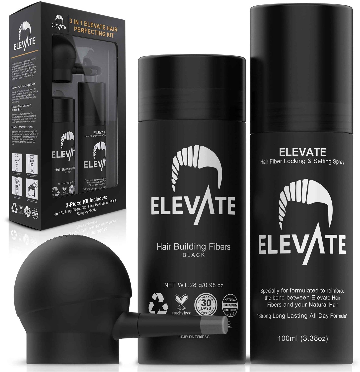 ELEVATE Hair Perfecting 3-in-1 Kit Set Includes Natural Hair Thickening Fibers & Spray Applicator Pump Nozzle & Locking Setting Hold Spray | Instantly Conceal Balding and Thinning Areas (Black)